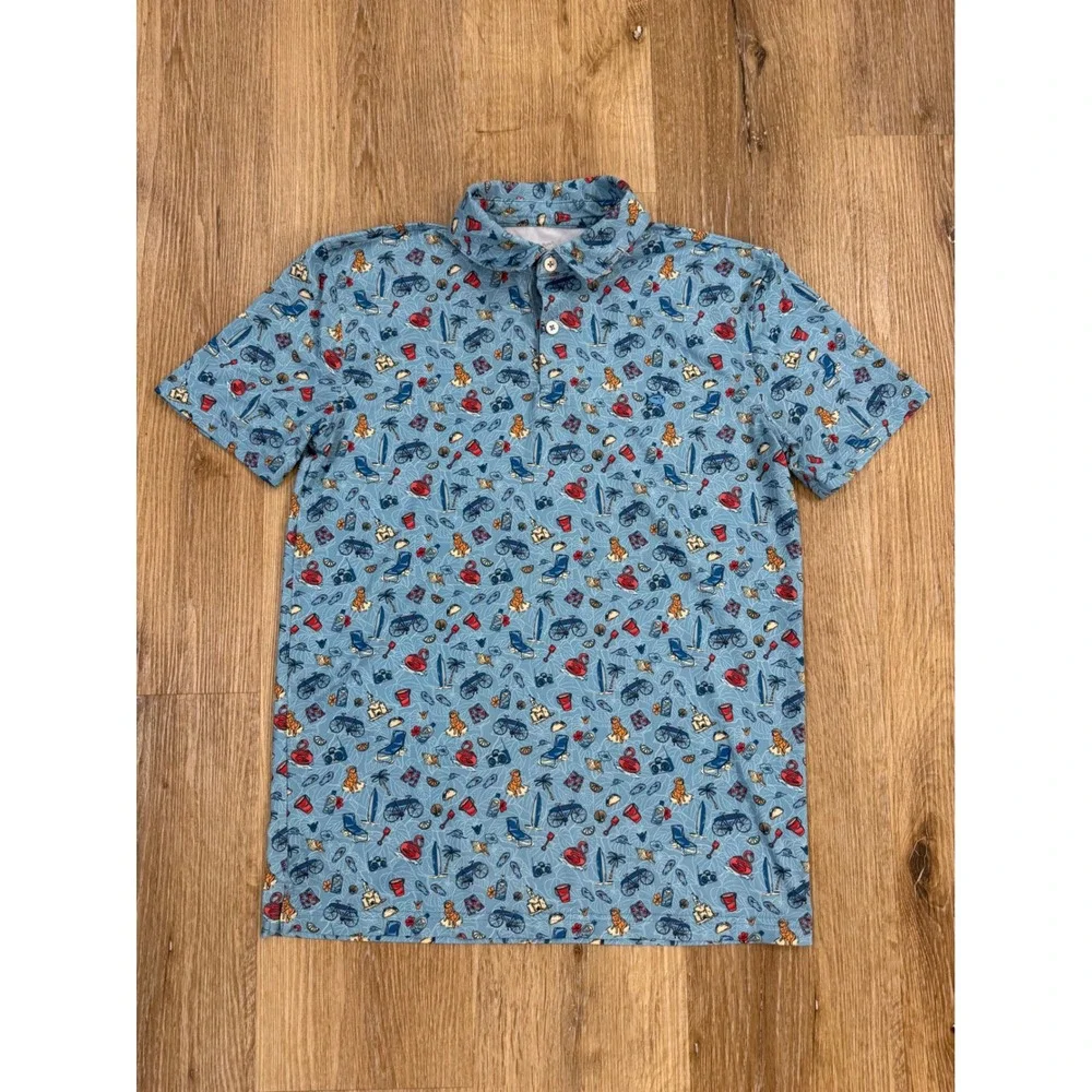 Southern Tide Polo Shirt Boys XL Blue Beach Print Performance Stretch‎ Preppy